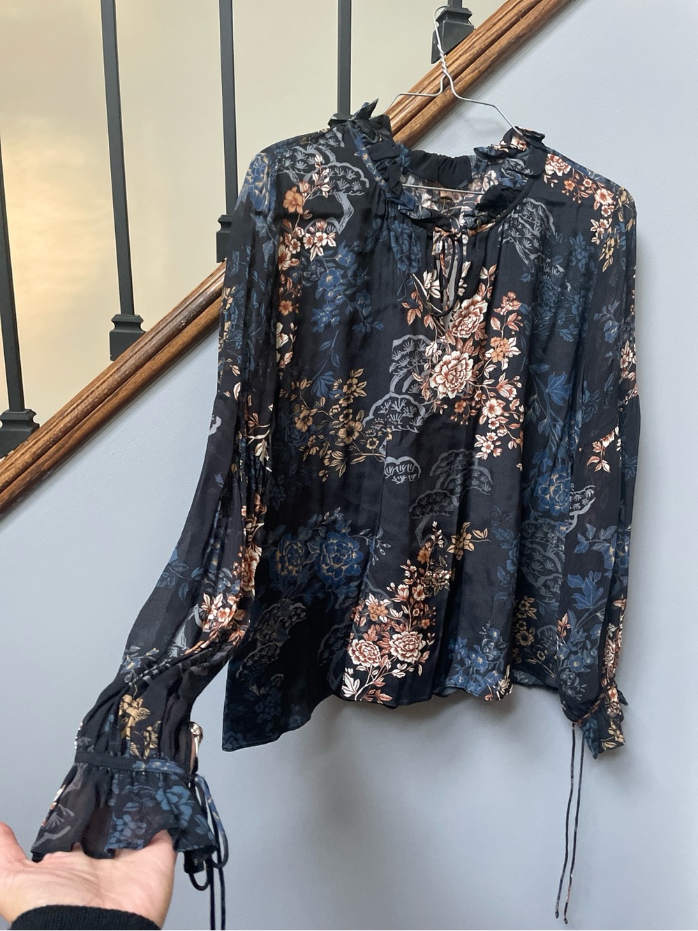 Anthropologie Black Floral Ruffled Tie-Neck Blouse